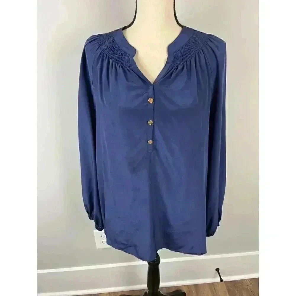 Lilly Pulitzer Women's 100% Silk Blouse Navy Blue Long Sleeve Cinched Detail M